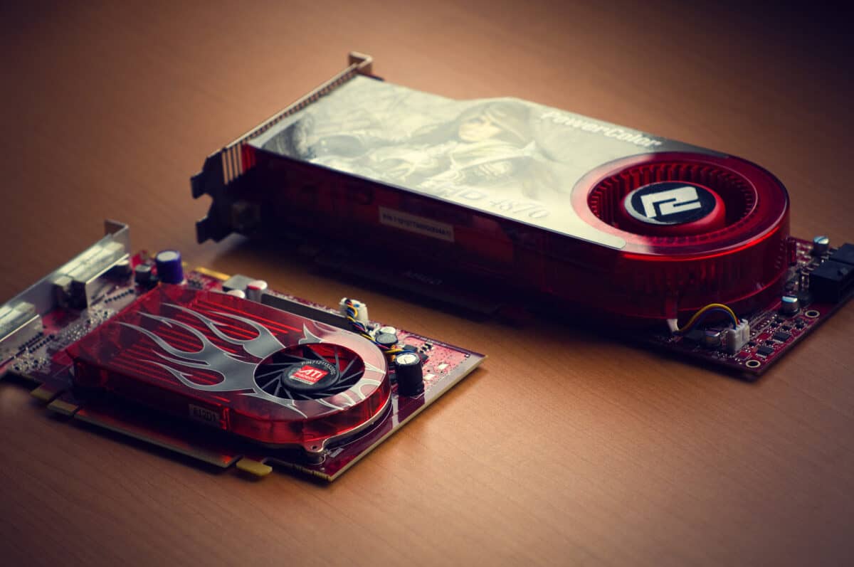 ATI Radeon HD 2600 XT next to ATI Radeon HD 4870 on a desk